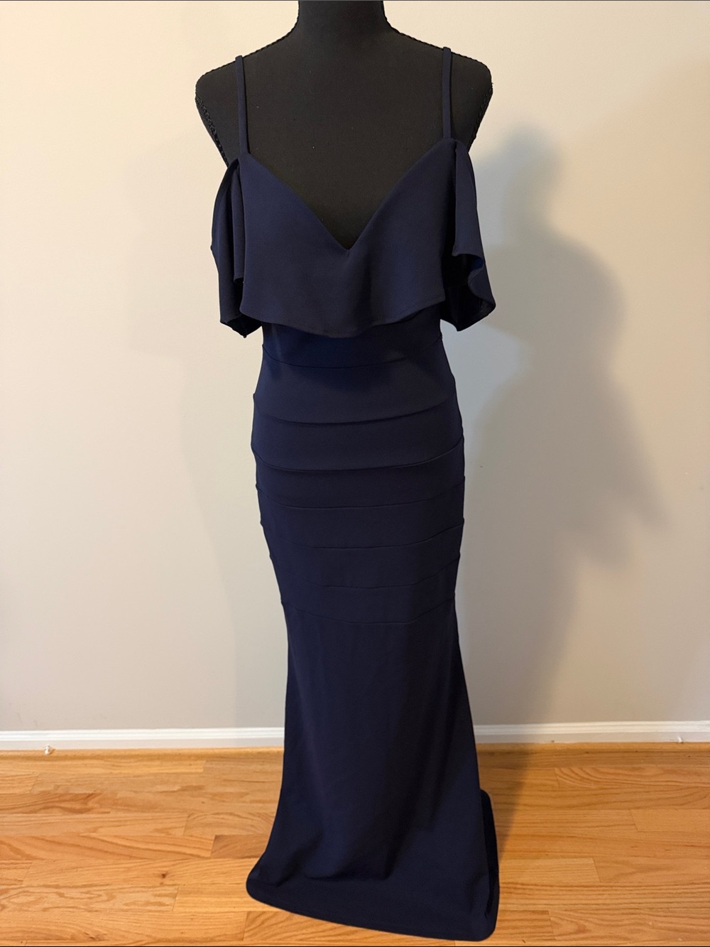 Emerald Sundae Navy Ruffled V-Neck Maxi Gown